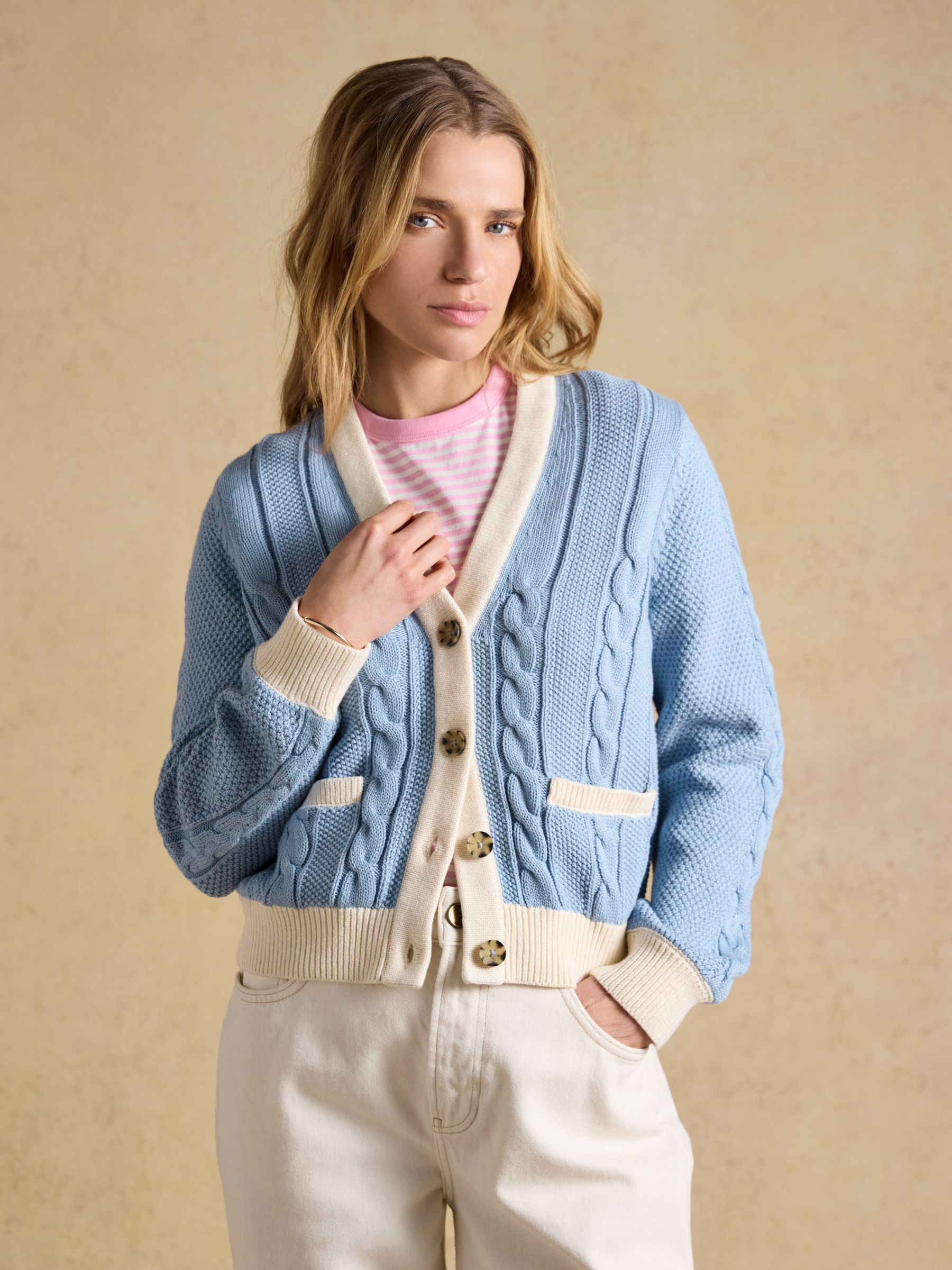 Blue V-Neck Cotton Cable Knitted Cardigan | Joules | Joules