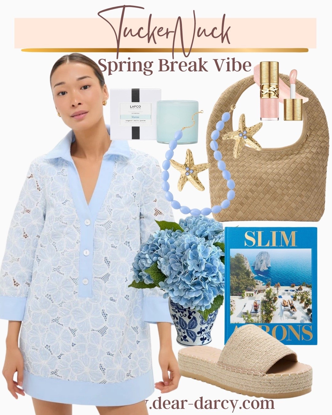 Tukernuck 
Spring break/travel/ wedding outfit 

Pretty lace shirt dress style 
Pretty shade of periwinkle with white lace over 

Hydrangea
Arrangement 

Beautiful vacation travel book 

A favorite candle in fresh  scent that’s so good 

Star fish earrings and beautiful blue beaded necklace 

Straw slide platform sandals  under $60

Ysl lipgloss 

Woven straw bag 


#LTKootd #LTKWedding #LTKTravel