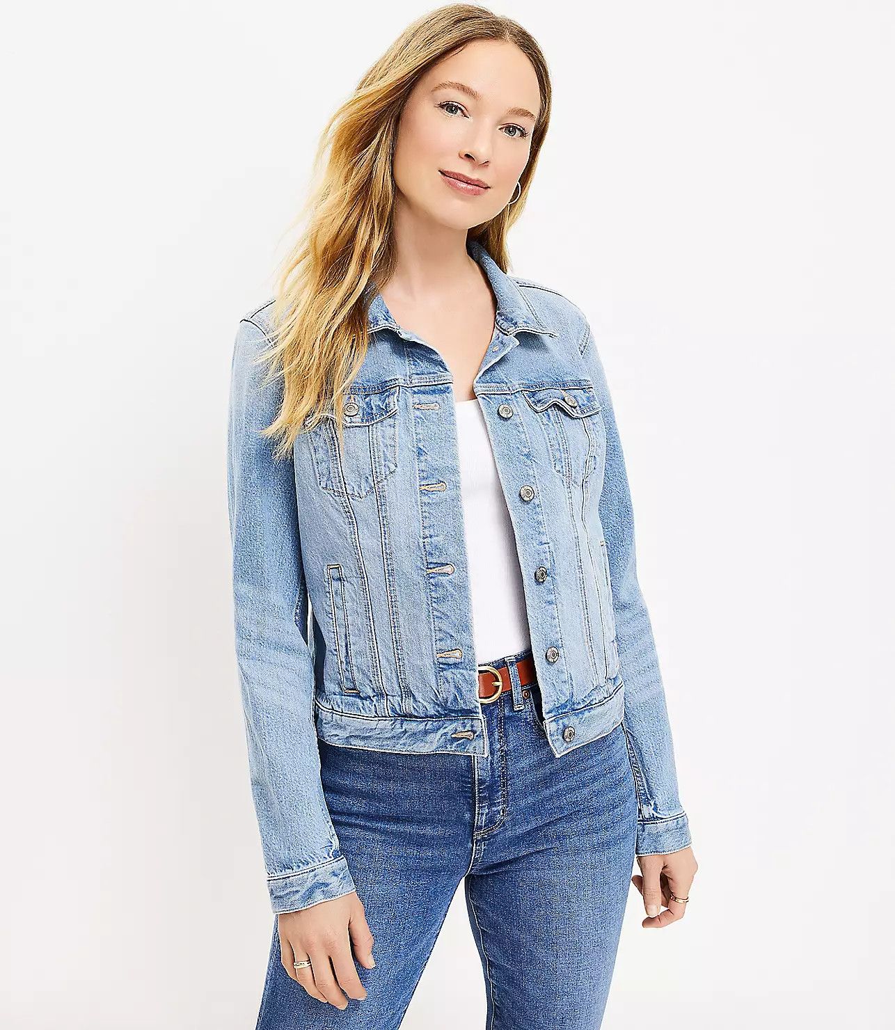 Petite Denim Trucker Jacket in Light Mid Indigo Wash | LOFT