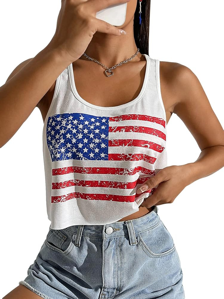 GORGLITTER Women's American Flag Crop Tops Sleeveless 4th of July Shirts Loose Tank Top | Amazon (US)