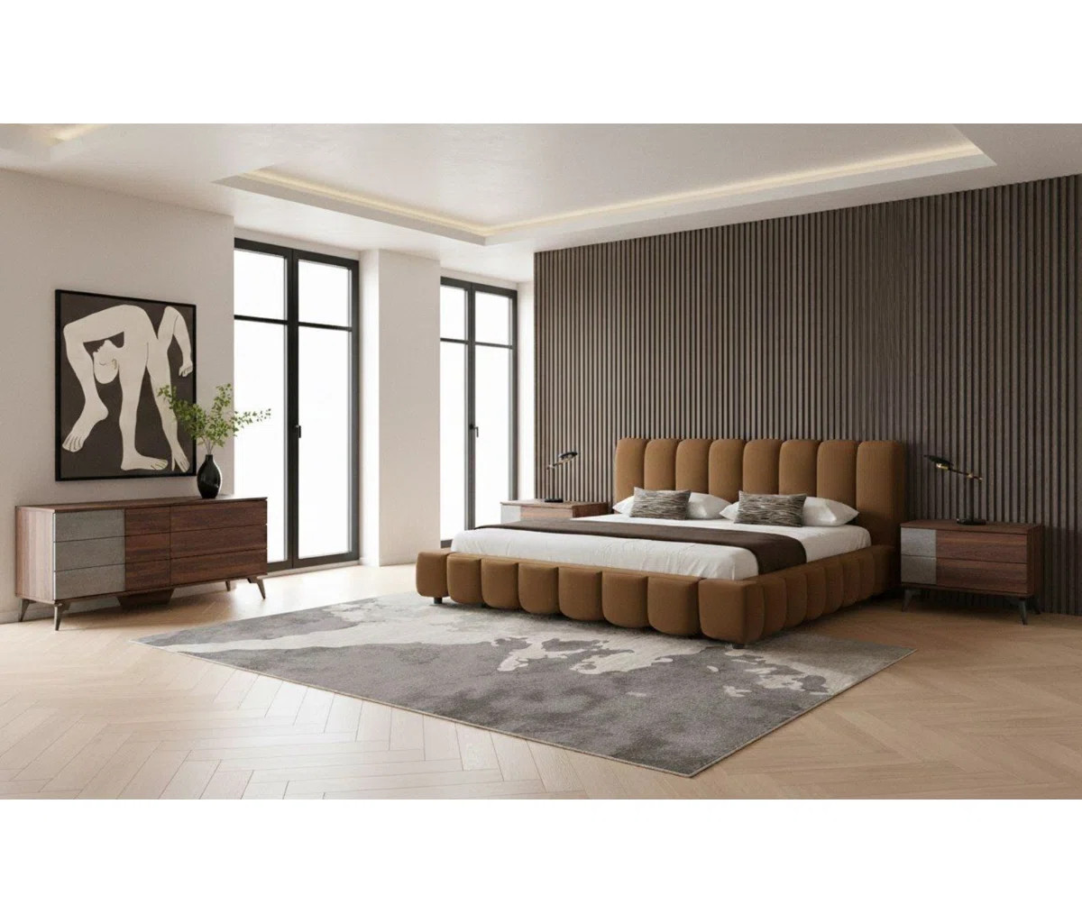 Jared - Modern Brown Fabric + Faux Concrete & Walnut 4-piece Bedroom Set | Wayfair North America