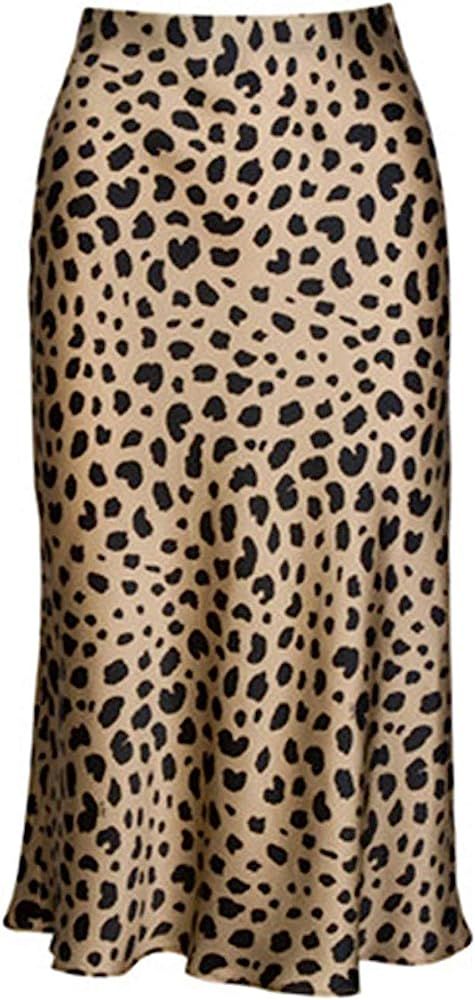 High Waist Leopard Midi Skirt Hidden Elasticized Waistband Silk Satin Skirts | Amazon (US)