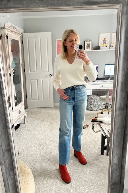 Casual everyday outfit. Cream v-neck sweater, straight jeans, rust two-tone booties.



#LTKunder100 #LTKstyletip #LTKSeasonal