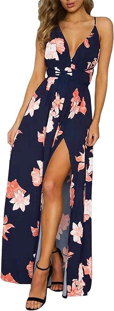 BerryGo Women's Sexy Deep V Neck Backless Floral Print Split Maxi Party Dress | Amazon (US)