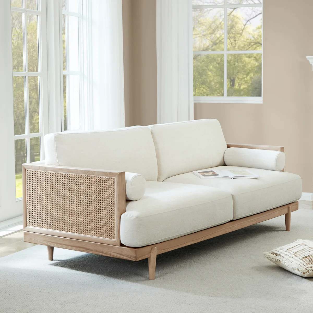 Ahlea 78.75'' W Linen Blend Sofa with Natural Cane Panels | Wayfair North America