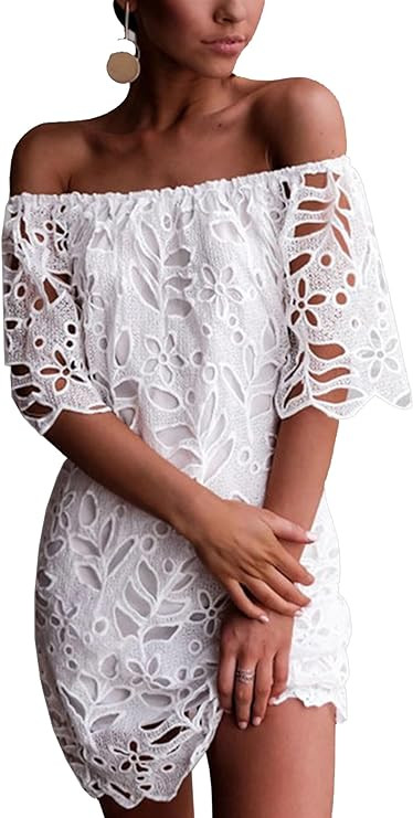 PRETTYGARDEN Women's Summer Off Shoulder Vintage Floral Lace Flare Short Sleeve Loose Elegant Min... | Amazon (US)
