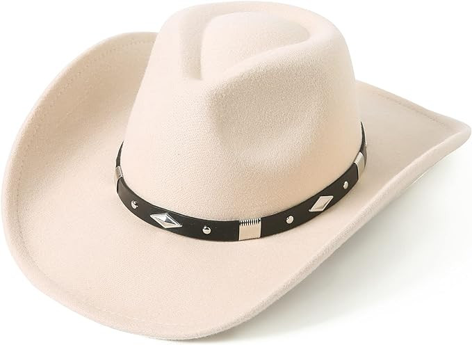 Lanzom Women Men Classic Felt Wide Brim Western Cowboy Cowgirl Hat with Belt Buckle | Amazon (US)