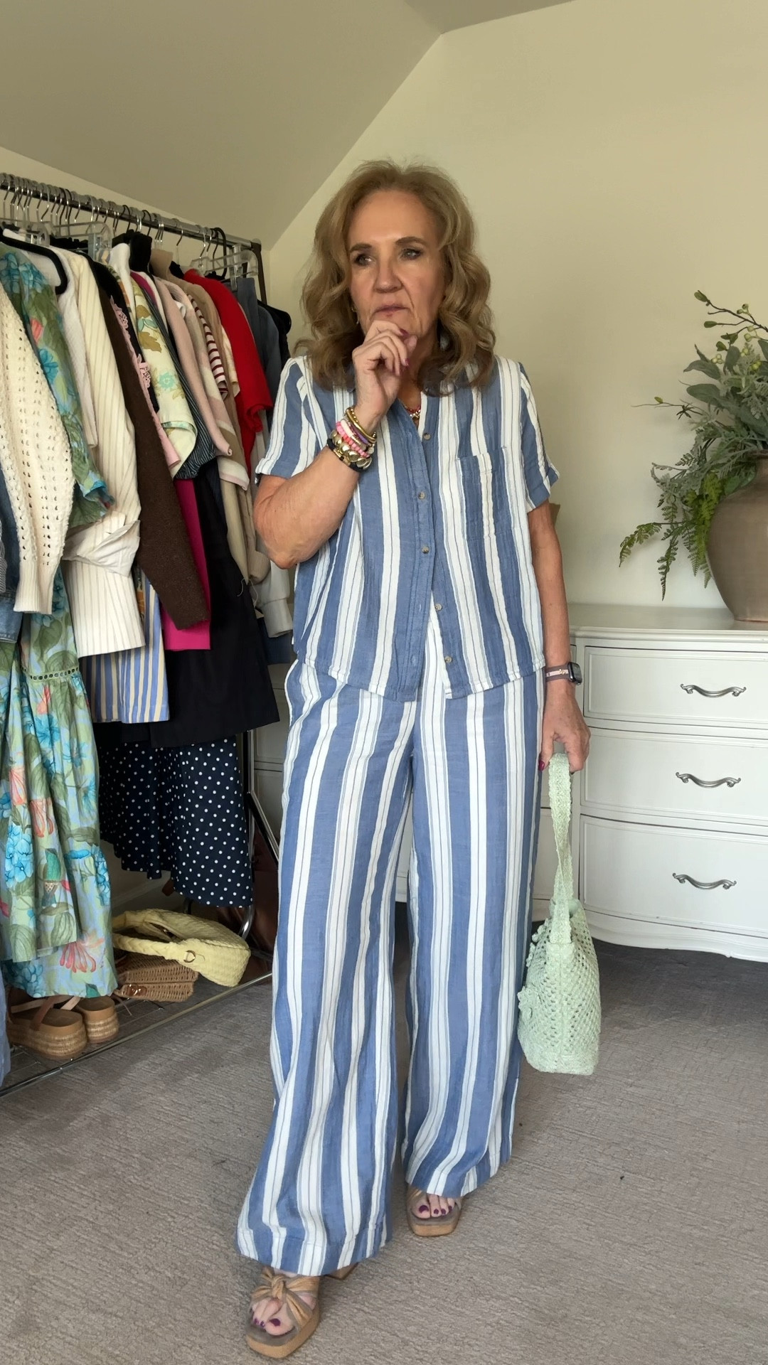 Cute gauze set by old navy. Wearing size small. It does relax through the day do size down. 

Sandals are a favorite. Comfy block heel. Amazing quality. 


#LTKWatchNow #LTKFindsUnder50 #LTKOver40