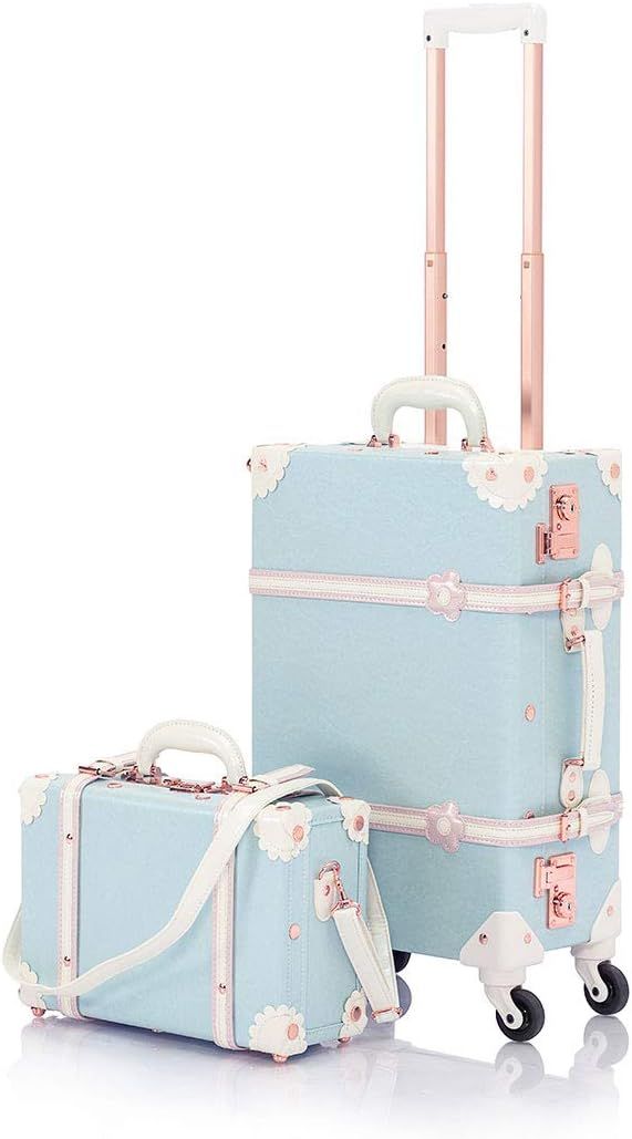 COTRUNKAGE Vintage Designer Luggage Set, Women's Cute Blue Carry On Luggage 22x13x7.5 Airline App... | Amazon (US)