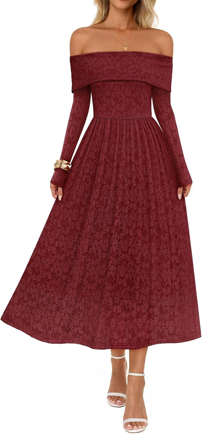 MEROKEETY Women's 2025 Fall Long Sleeve Floral Midi Dress Off Shoulder Wedding Guest Formal Long ... | Amazon (US)