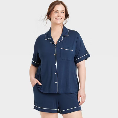 Women's Cloud Knit Modal Short Sleeve Notch Collar Top and Shorts Pajama Set - Auden™ Navy Blue... | Target