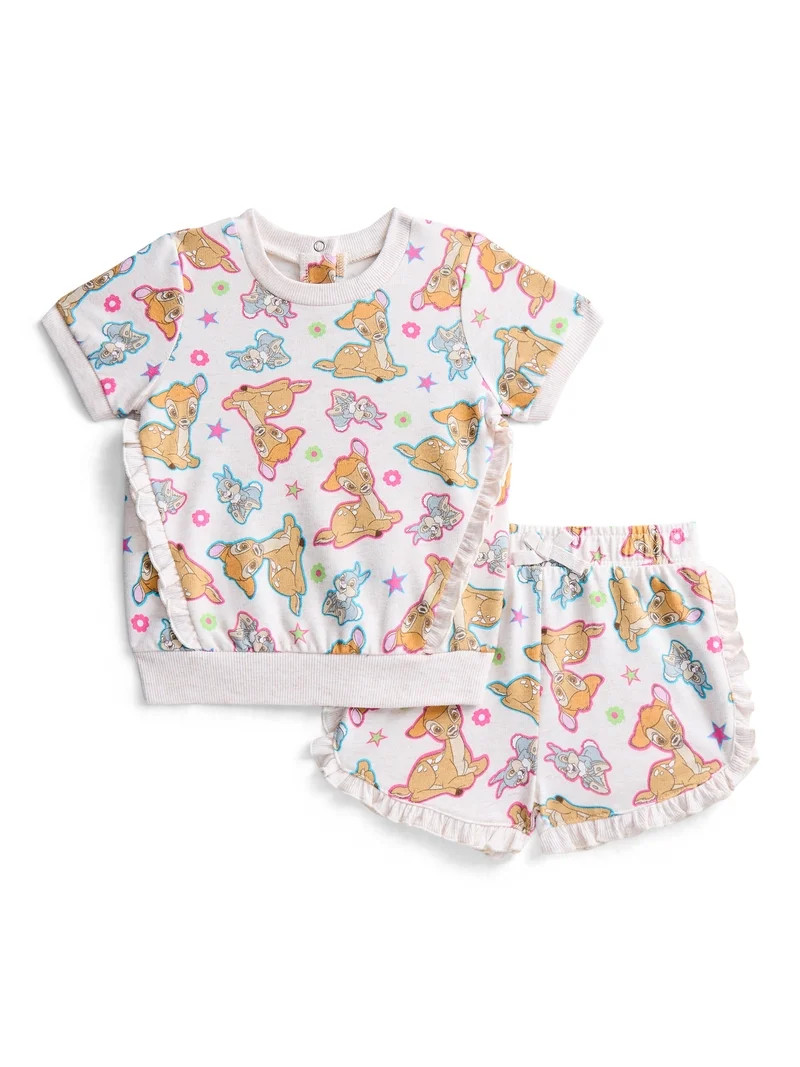 Bambi Baby Girls Short Sleeve Allover Print Ruffle Shirt and Matching Shorts Set, 2-Piece, Sizes ... | Walmart (US)