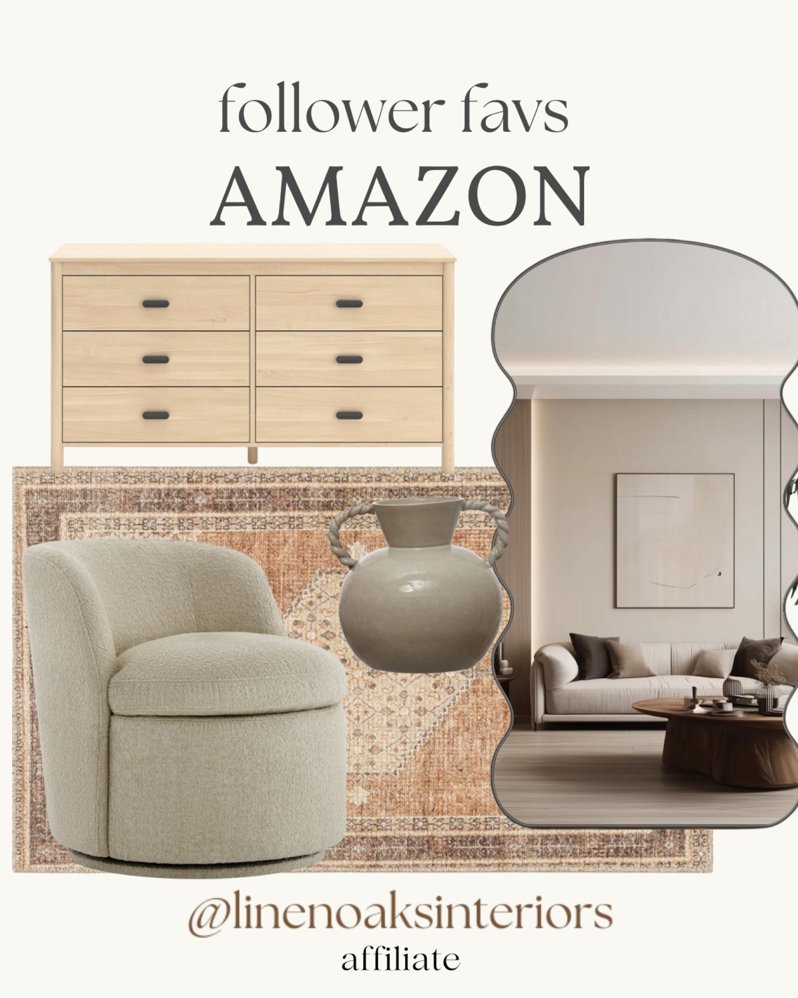 Follow favs of the week!!

New wood dresser on Amazon!! Insane quality!! 
Organic mirror squiggle mirror floor mirror
Boucle swivel chairs
Area rug- rugs neutral rugs
Vase decor home decor 

#LTKHome #LTKSaleAlert #LTKFindsUnder50