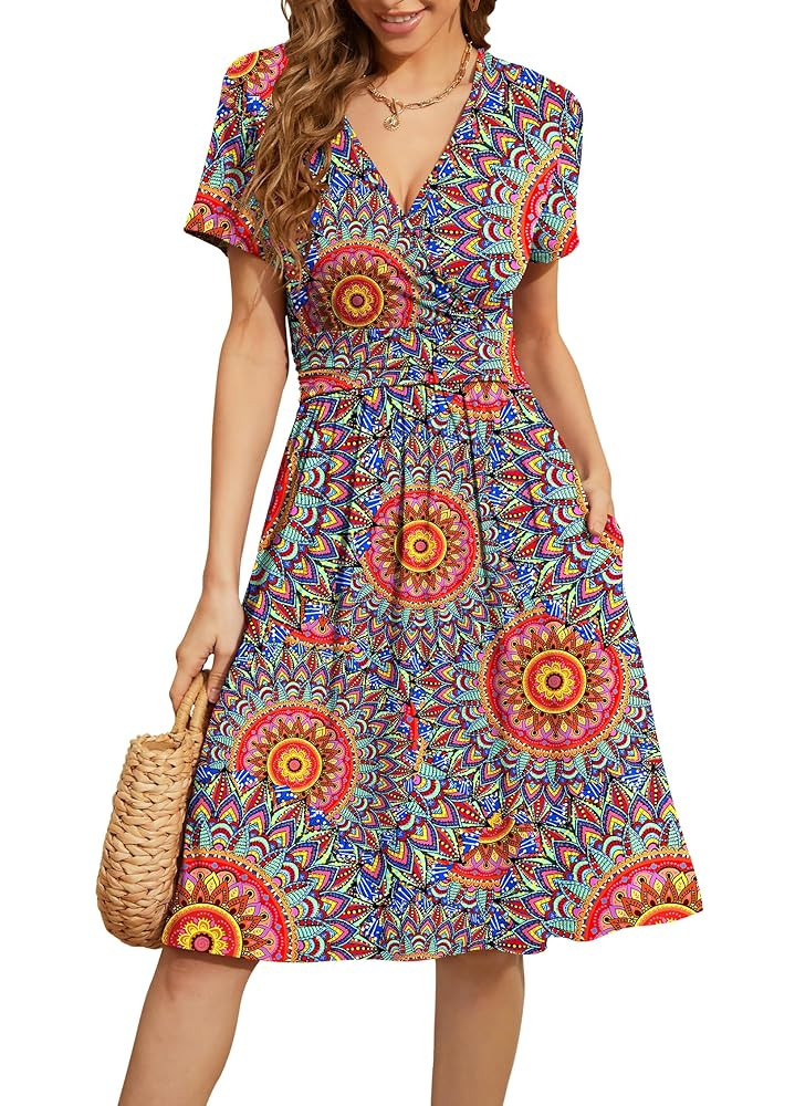 WEACZZY Women's Summer Short Sleeve Casual Dresses V-Neck Floral Party Dress with Pockets | Amazon (US)