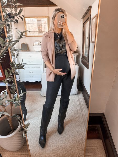 Best amazon maternity leggings! These have a faux leather look and are only $32. Linking similar band tee and blazer since mine are old. Boots are on sale but limited sizing


#LTKbump #LTKfindsunder50