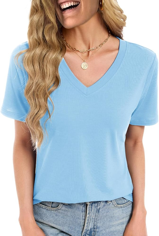 Womens Summer Tops Short Sleeve V Neck T Shirts Dressy Casual Flowy Blouses Plus Size Tunic Work ... | Amazon (US)