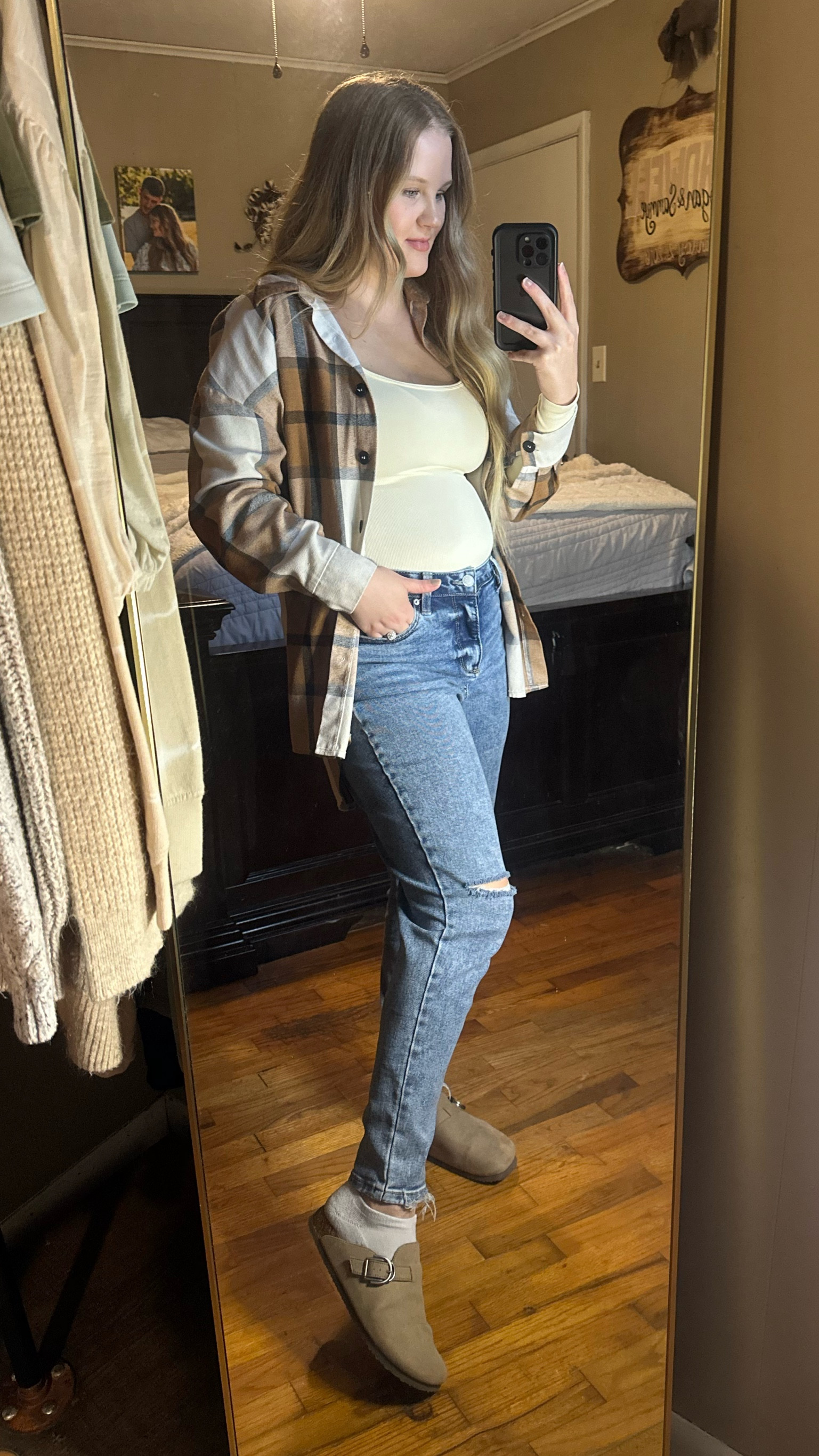 Cute fall outfit cozy fall outfit flannel shacket size small cream bodysuit set size small high rise jeans mom jeans size 6 womens clogs size 8 all tts #LTKFallSale 

#LTKU #LTKShoeCrush #LTKStyleTip