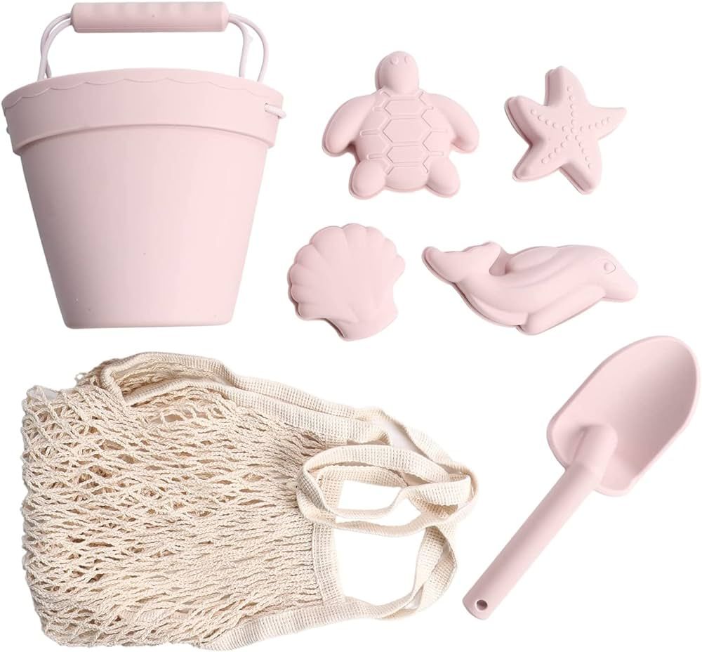 Silicone Beach Toys - Modern Baby Travel Friendly Beach Set | Bucket, Shovel, 4 Sand Molds, Bag |... | Amazon (US)