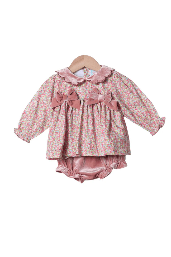 Spring Floral Pink Velvet Scalloped Bloomer Set | The Smocked Flamingo