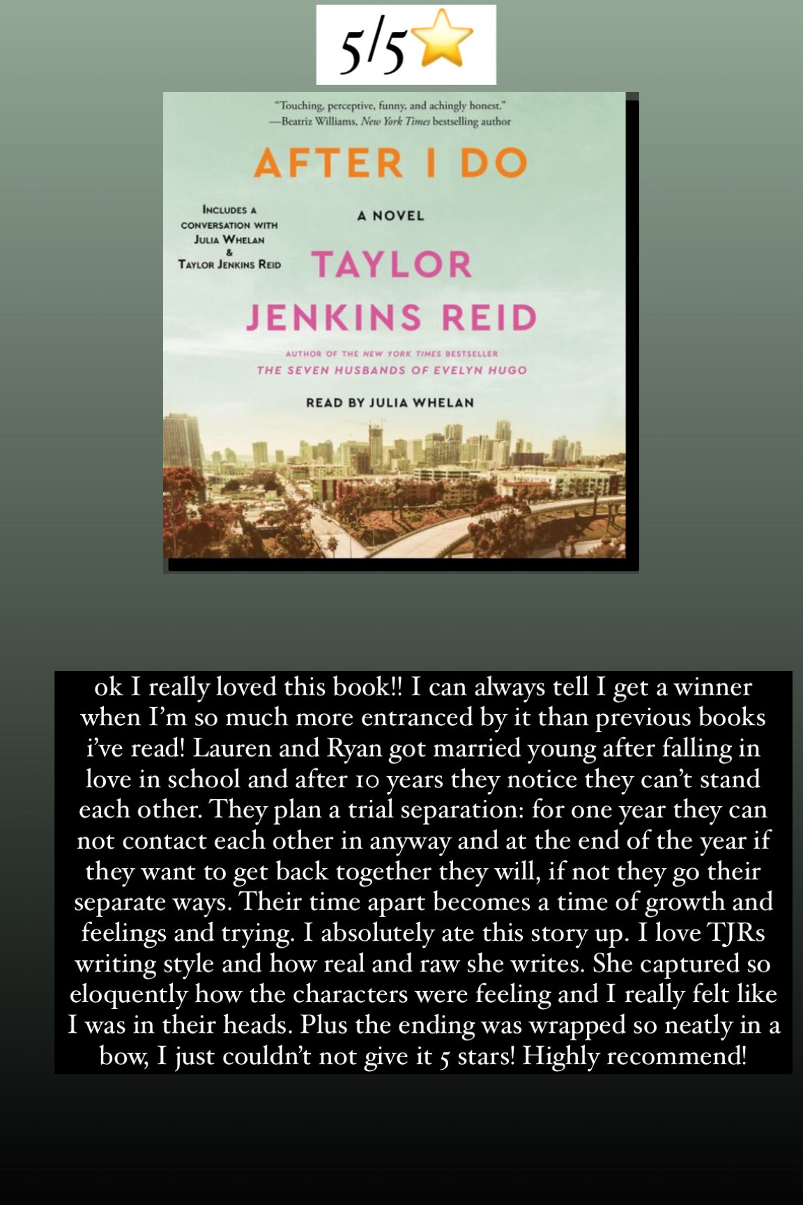 98. After I Do by Taylor Jenkins Reid :: 5/5⭐️ ok I really loved this book!! I can always tell I get a winner when I’m so much more entranced by it than previous books i’ve read! Lauren and Ryan got married young after falling in love in school and after 10 years they notice they can’t stand each other. They plan a trial separation: for one year they can not contact each other in anyway and at the end of the year if they want to get back together they will, if not they go their separate ways. Their time apart becomes a time of growth and feelings and trying. I absolutely ate this story up. I love TJRs writing style and how real and raw she writes. She captured so eloquently how the characters were feeling and I really felt like I was in their heads. Plus the ending was wrapped so neatly in a bow, I just couldn’t not give it 5 stars! Highly recommend!

#LTKTravel #LTKHome