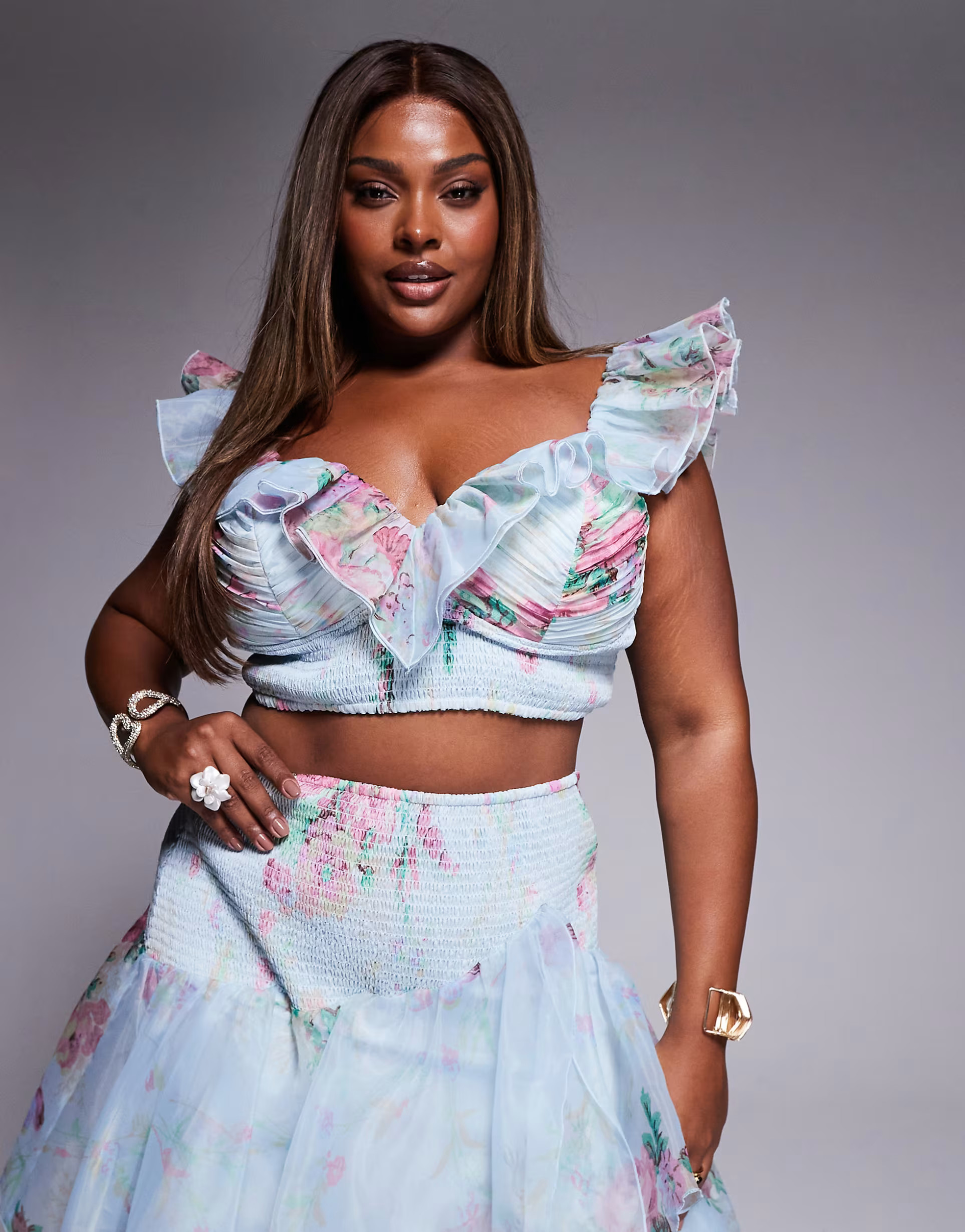 ASOS LUXE Curve shirred cupped crop top with ruffle detail and shirred chiffon maxi skirt set in ... | ASOS (Global)