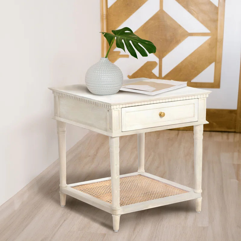Ayleena Solid Wood End Table with Drawer and Woven Cane Storage Shelf | Wayfair North America