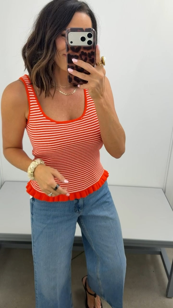 This top is SUCH a fun little summer piece ❤️ The color is so good in person and I love the subtle ruffle detail at the bottom. It gives trendy without trying too hard and pairs so cute with denim. 

These jeans are also a win — flattering, comfy, and have that effortless relaxed fit that still looks put together. The whole outfit feels very “cool mom on vacation” in the best way 😂 Walmart has seriously been killing it lately. 

Perfect easy outfit for summer dinners, vacation, shopping days, or just everyday casual wear ☀️

Size XS, 5’3 for referenc