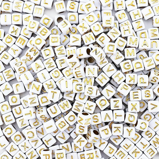 800Pcs White and Gold Square Letter Beads A-Z, 6X6mm Acrylic Cube Alphabet Beads for Jewelry Maki... | Amazon (US)