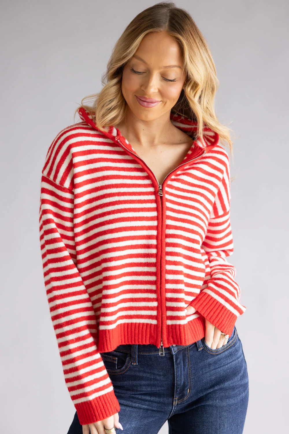 Things Between Striped Full Zip Hooded Cardigan for Women in Red | TBW | Glik's