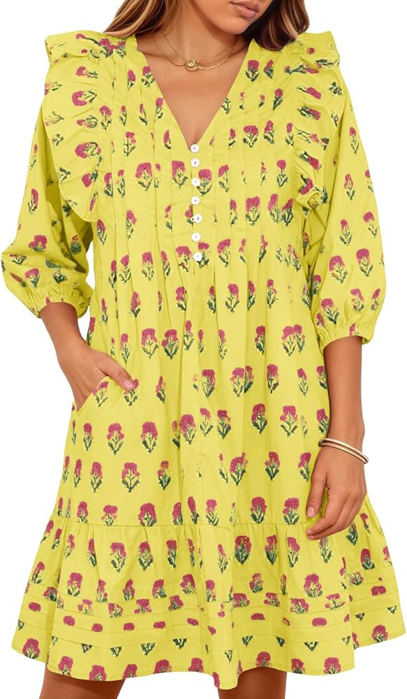 Wenrine Womens Mini Dresses Casual Ruffle 3/4 Lantern Sleeve Floral V Neck Loose Boho Babydoll Dr... | Amazon (US)