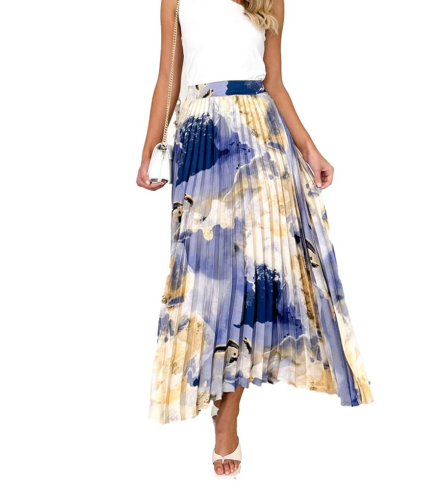 Women's 2025 High Waist Floral Long Skirts Boho Pleated Swing A Line Beach Maxi Skirt | Amazon (US)