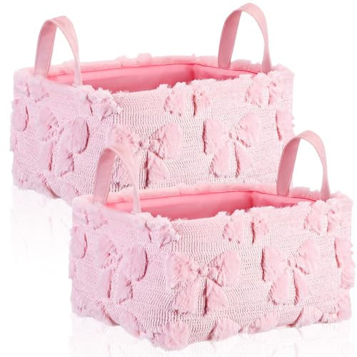 Yiyiring Pink Bow Storage Baskets14x10 Inch Valentines Laundry Baskets Foldable Fluffy Storage Bin with Handle Spring Coquette Home Decor Closet Organizer for Countertop Tabletop Shelf Baskets | Amazon (US)
