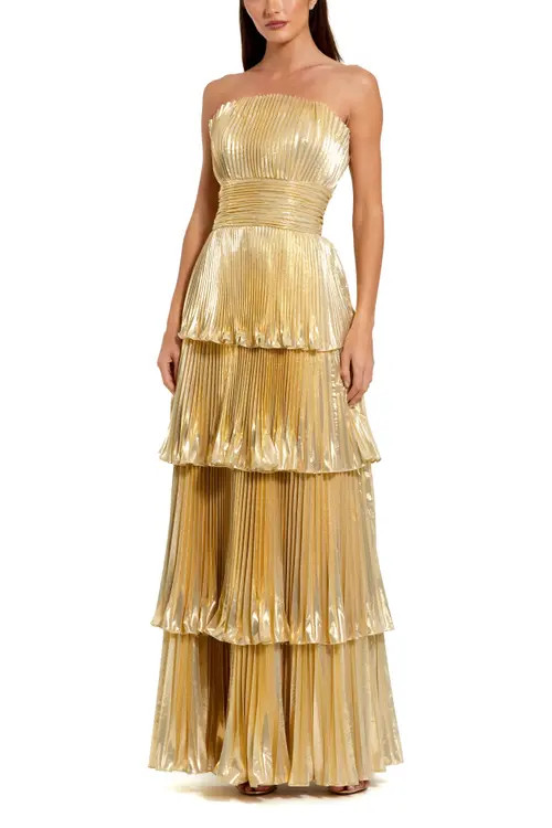 Mac Duggal Strapless Pleated Metallic Layered High Low Gown in Gold at Nordstrom, Size 4 | Nordstrom