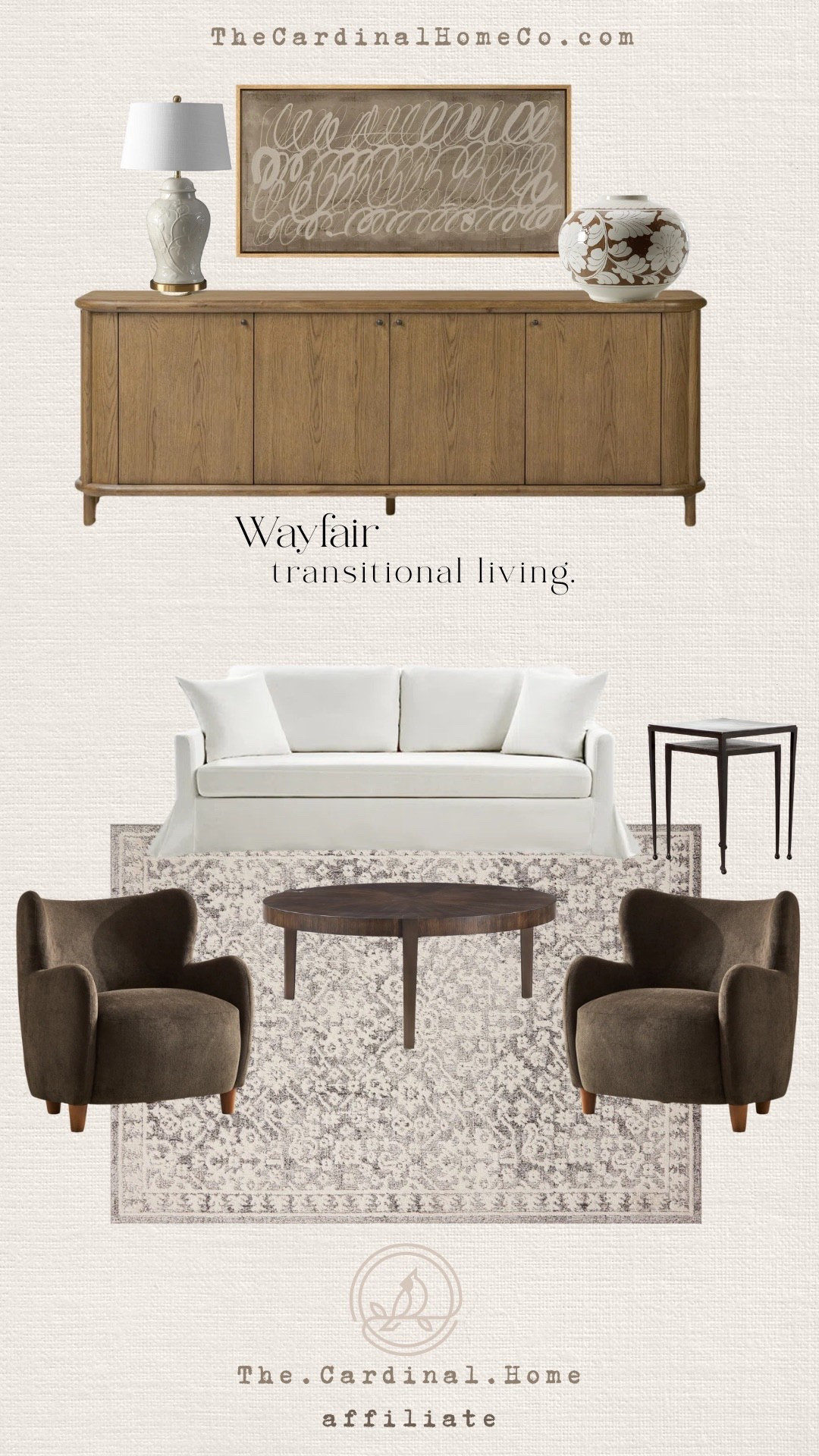 Wayfair finds, sideboard, accent chairs, sofa, nesting tables, vase, lamp, wall art 

#LTKHome
