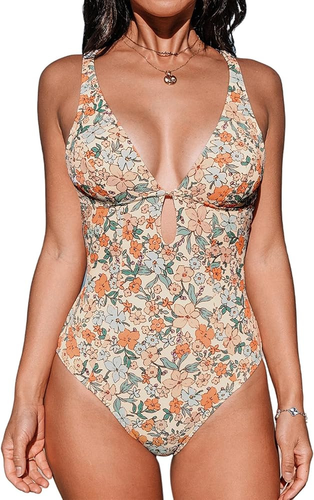 CUPSHE Women's One Piece Swimsuit Deep V Neck Keyhole Cutout O Ring Textured Bathing Suit | Amazon (US)