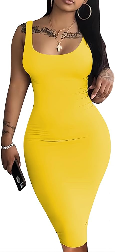 Nimsruc Women Casual Sexy Tank Top Bodycon Dress Summer Pencil Sleeveless Basic Midi Club Dresses | Amazon (US)