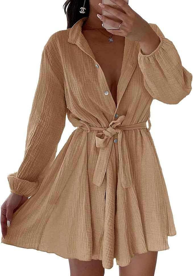 Saodimallsu Womens Long Sleeve Button Down Shirt Dress Casual Loose V Neck Flowy Swing Belted Min... | Amazon (US)