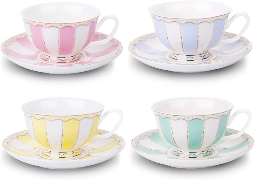AWHOME Vintage Ceramic Teacup and Saucer Set 7 oz (Yellow Green Pink Blue) | Amazon (US)