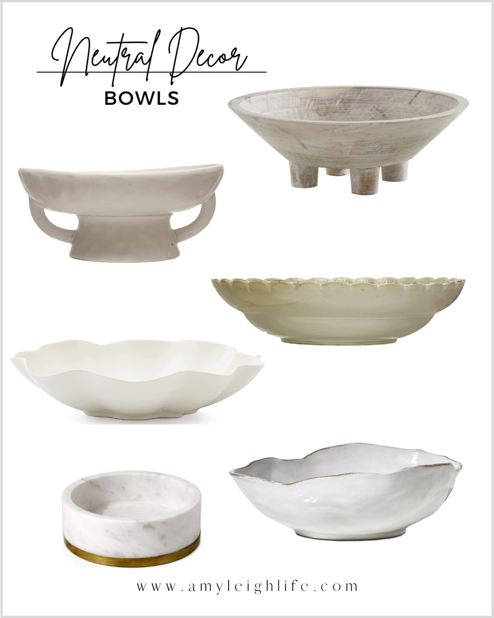 Neutral home decor finds: decorative bowls. 

Footed bowl, wood bowl, whitewash bowl, entryway console decor, entryway table decor, bowl for entryway table, coffee table decor, coffee table styling, neutral decor, neutral home decor, coastal home decor, coastal grandmother, Amazon home decor, Amazon finds, Amazon budget decor, shell bowl, ruffle bowl, scalloped bowl, white footed bowl, white scalloped bowl, marble bowl, marble scallop bowl, creative co-op, office decor, desk decor, accent table decor, Amy Leigh life

#amyleighlife
#bowldecor

#LTKhome #LTKunder100 #LTKFind
