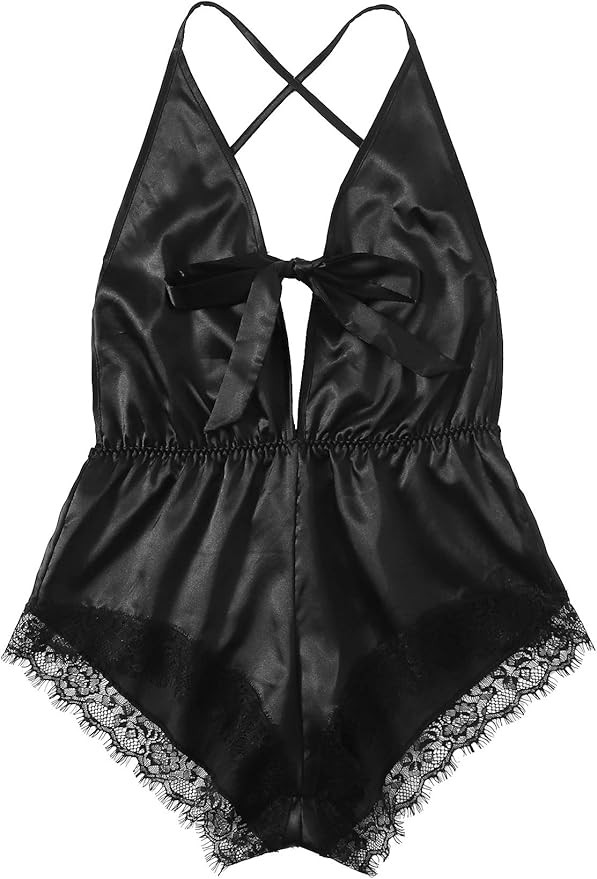 SheIn Women's Satin Lingerie Lace Trim Teddy Bow Knot Romper Bodysuit Babydoll | Amazon (US)
