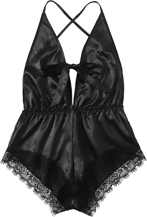 SheIn Women's Satin Lingerie Lace Trim Teddy Bow Knot Romper Bodysuit Babydoll | Amazon (US)