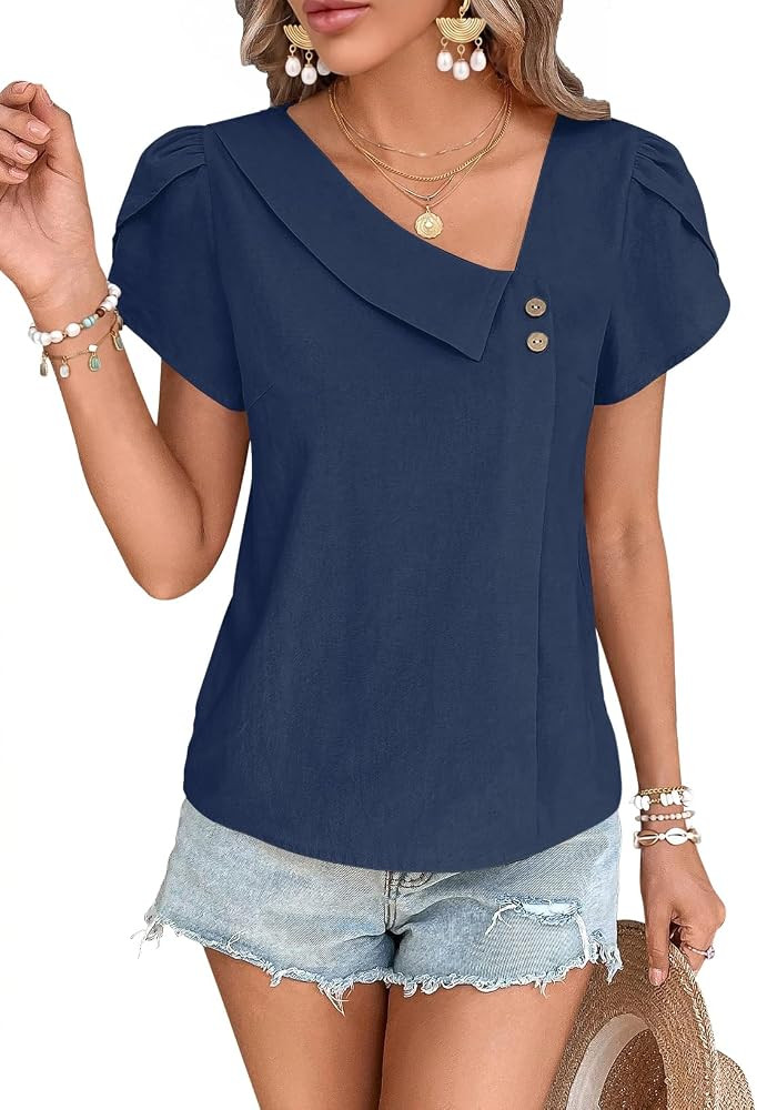 Falechay Womens Summer Tops Dressy Casual Asymmetric Neck Work Blouses | Amazon (US)
