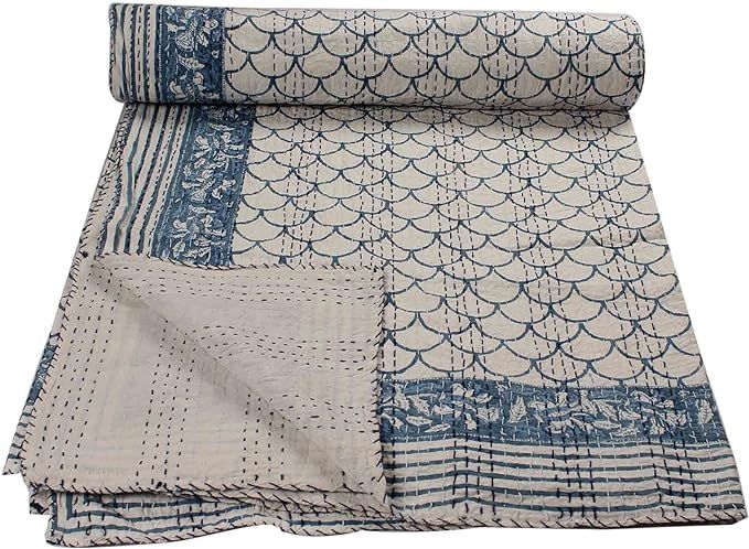Indigo Colour Diya Design Handmade Kantha Work 100% Cotton Throw Bedding Bedspread Bohemian Gudar... | Amazon (US)