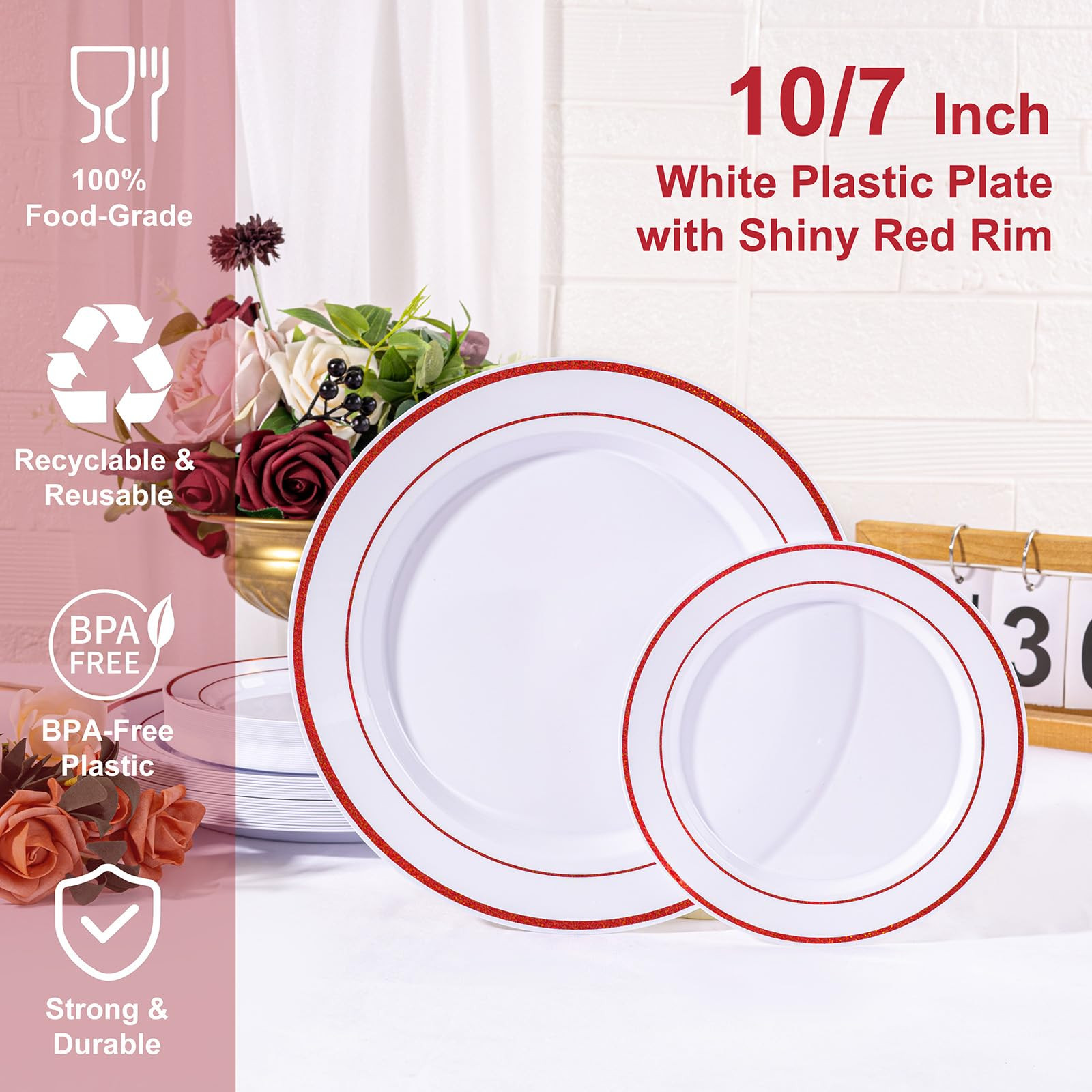 U-QE 100pcs Glitter Red Plastic Plates for Party - White Plates Disposable Heavy Duty - Include 5... | Amazon (US)