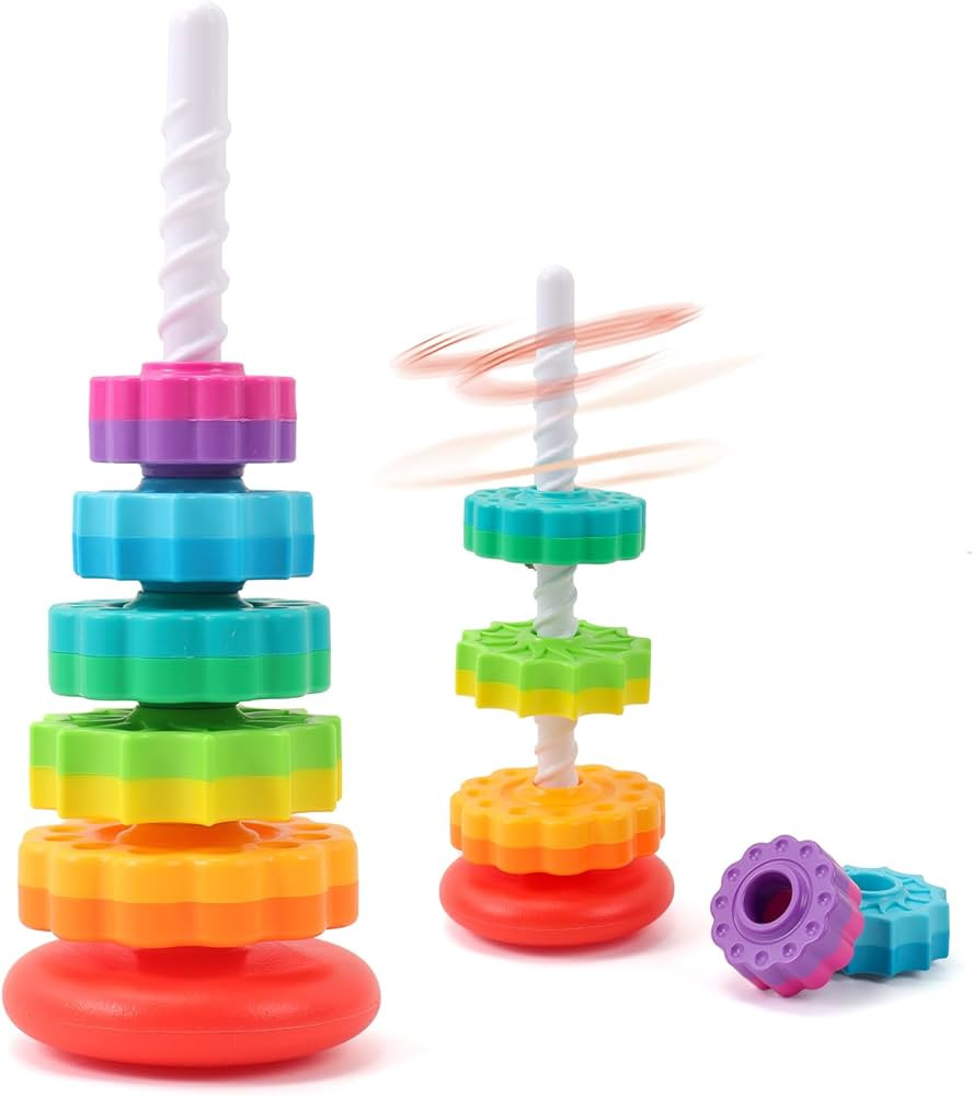 Baby Spinning Stacking Toys, 1-3 Rainbow Ring Stacker Montessori Toys for Babies, Sensory Toys fo... | Amazon (US)
