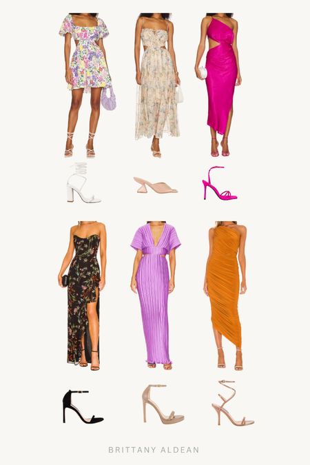Revolve Spring wedding guest dresses with the paired heel I would wear. 

spring outfit l wedding guest l wedding guest dresses l spring dresses l spring heels l outfit inspo 
