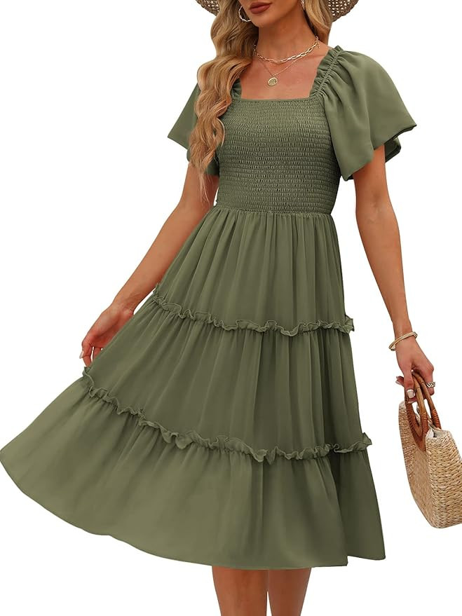 LILLUSORY Women's Summer Casual Flutter Sleeve Square Neck Smocked Midi Dress | Amazon (US)