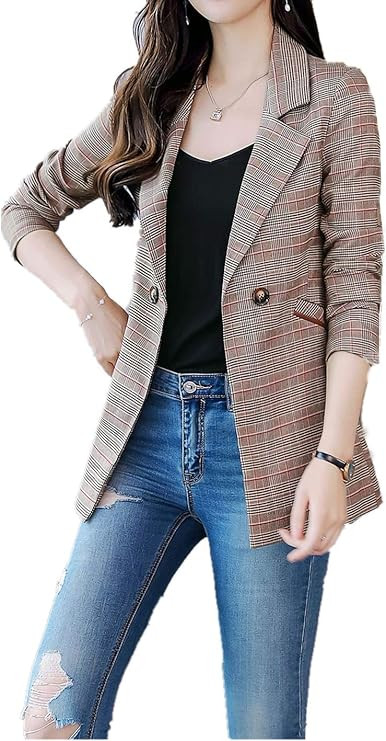 Womens Vintage Check Plaid Long Sleeve Casual Long Jacket Blazer | Amazon (US)