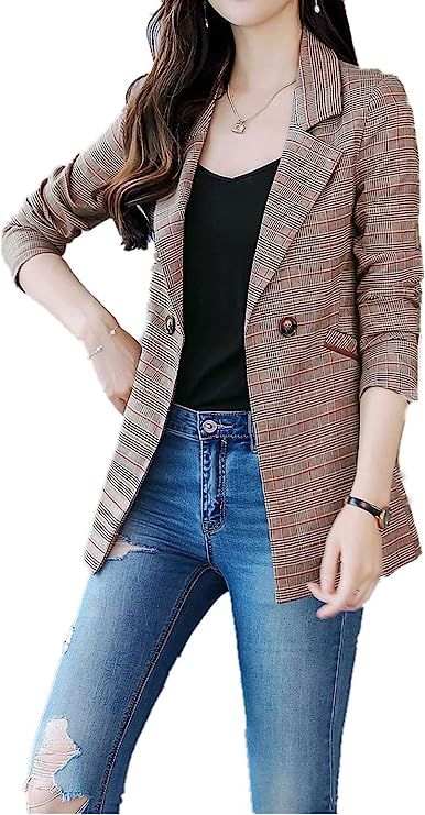 Womens Vintage Check Plaid Long Sleeve Casual Long Jacket Blazer | Amazon (US)