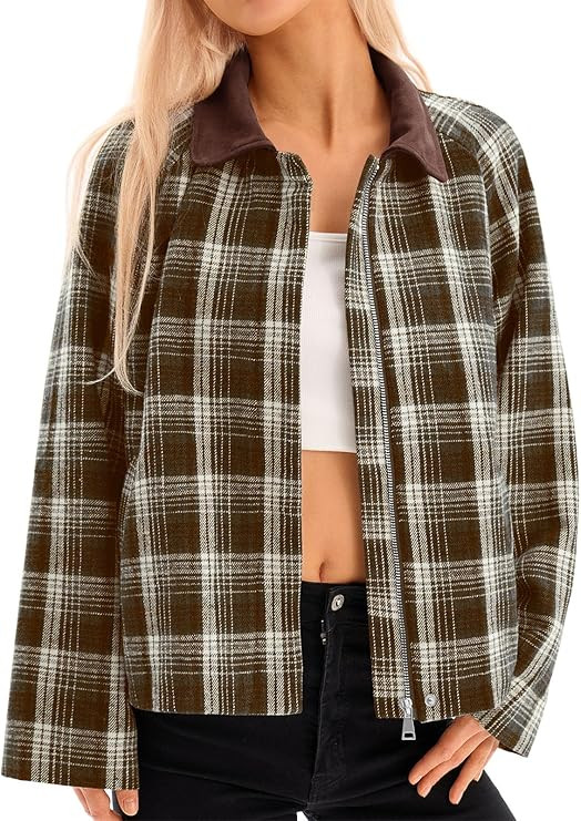 Tankaneo Womens Plaid Cropped Jackets Barn Lightweight Flannel Zip Up Utility Coat Casual Short J... | Amazon (US)